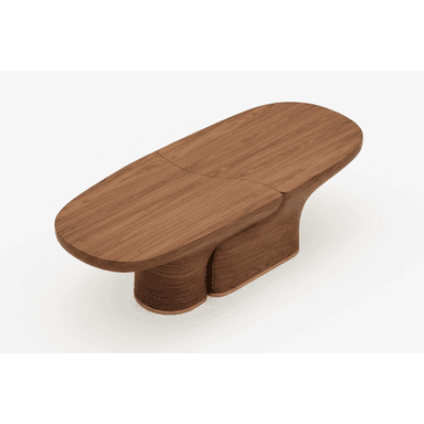 A contemporary coffee table featuring a sculptural, organic design. The table is crafted from rich brown walnut wood, showcasing a smooth finish. Its oval-shaped top is visibly segmented into two distinct sections, suggesting potential modularity or an extension mechanism. The base is composed of two integrated, curved, and substantial forms that seamlessly support the tabletop. Each base element is subtly accented with a thin band of brass at its bottom, adding a refined detail. — 3D model (AI enhanced source)