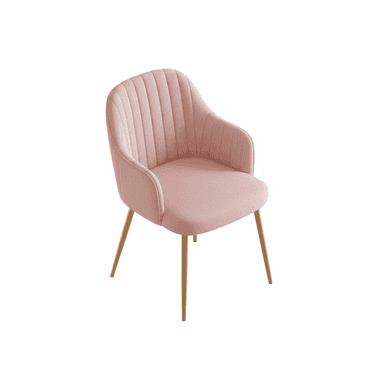 A contemporary accent chair featuring soft pink velvet upholstery with distinctive vertical channel tufting on the backrest. The chair includes integrated upholstered armrests and is supported by four slender, splayed metal legs with a gold finish. — 3D model (AI enhanced source)