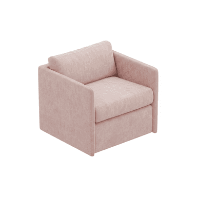 A contemporary armchair with a boxy silhouette, upholstered in a soft, textured pink fabric. It features a low profile, straight arms, and a single plush seat cushion, with a back cushion that sits against the frame. The overall design is minimalist and modern. — 3D model (AI enhanced source)
