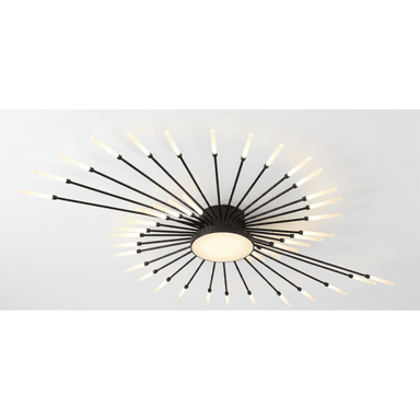 A modern Sputnik-style LED ceiling light featuring a central disc from which numerous slender, black-finished metal arms radiate outwards. Each arm terminates in a frosted acrylic or glass diffuser, housing an integrated LED light source. The arms are arranged in an energetic, somewhat asymmetrical pattern, creating a dynamic visual effect. The central disc also contains a light element, contributing to the overall illumination. The fixture is designed for flush or semi-flush ceiling mounting. — 3D model (AI enhanced source)