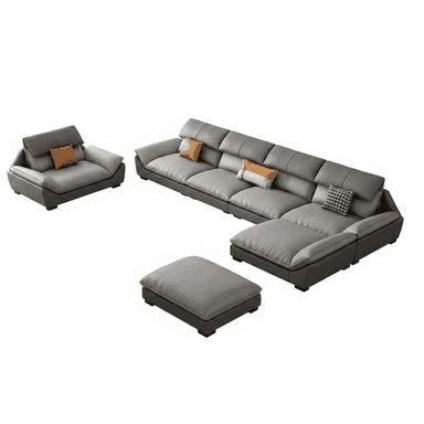 A modern multi-piece seating set featuring a large L-shaped sectional sofa with an integrated chaise lounge, a matching single armchair, and a rectangular ottoman. All pieces are upholstered in a two-tone grey material, likely faux leather, with plush seating and backrests. The backrests appear to have adjustable headrest sections. — 3D model (AI enhanced source)