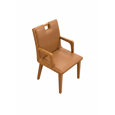 A contemporary armchair featuring a wooden frame and tan-colored upholstery on the seat and backrest. The chair has integrated wooden armrests and a distinctive rectangular cutout handle at the top of the backrest. The legs are straight with a slight taper. — 3D model (AI enhanced source)