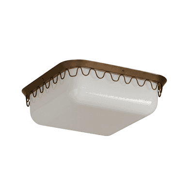 A square flush mount ceiling light fixture featuring a central frosted white glass diffuser encased within a brass-toned metal frame. The frame includes a distinctive decorative wavy or scalloped edge just above the glass. — 3D model (AI enhanced source)