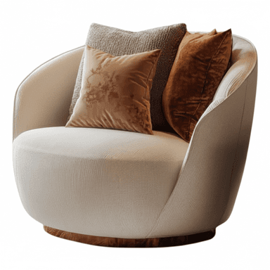 A contemporary, fully upholstered swivel lounge chair featuring a rounded, deep-seated form and a low-profile wooden base. It is covered in a light-colored, textured fabric and styled with three decorative throw pillows in various warm earth tones and textures. — 3D model (AI enhanced source)