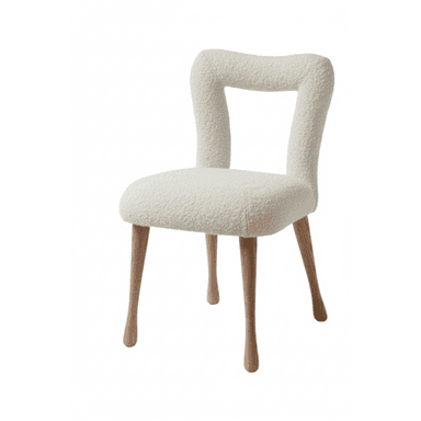 A modern armless chair with a distinctive open, U-shaped backrest, upholstered entirely in textured off-white bouclé fabric, and supported by four tapered, natural wooden legs. — 3D model (AI enhanced source)