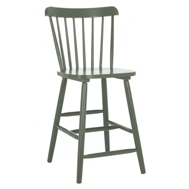A dark green, wooden counter stool featuring a classic spindle back design. The stool has a solid, slightly contoured seat and four splayed legs connected by two sets of stretchers that also serve as footrests. Its height suggests suitability for kitchen counters or bar areas. — 3D model (AI enhanced source)