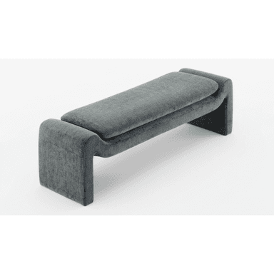 A modern, minimalist bench fully upholstered in a textured charcoal grey fabric. The design features a continuous, curved form that integrates the seat and legs in a 'waterfall' style, creating a soft, sculptural profile. The padding appears thick and plush, providing comfort. The bench is presented against a plain white background, highlighting its clean lines and unique shape. — 3D model (AI enhanced source)