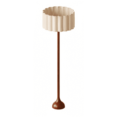 A freestanding floor lamp featuring a tall, slender wooden stem and a matching round, turned wooden base. The lamp is topped with a cylindrical drum shade crafted from a light-colored fabric, distinctively shaped with a scalloped, wavy rim at both the top and bottom edges. The fabric shade appears to be beige or cream, while the wood components have a warm, reddish-brown finish. — 3D model (AI enhanced source)