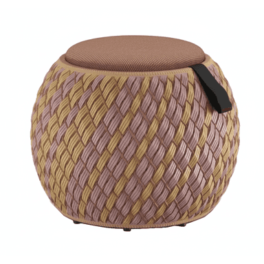 A spherical ottoman with a woven body and a fabric-covered top. The woven body is constructed from alternating strands of light pink and yellow material, forming a diamond pattern. A dark, possibly leather, strap is attached to one side for portability. The top cushion is upholstered in a textured, brown fabric. The base appears to have small, dark feet. — 3D model (AI enhanced source)