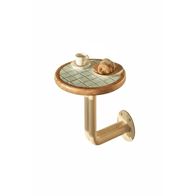 A small, round wall-mounted accent table featuring a wooden rim and an inlaid surface of small, light green square tiles. The table is supported by a curved, tubular metal arm that attaches to the wall via a circular mounting plate. — 3D model (AI enhanced source)