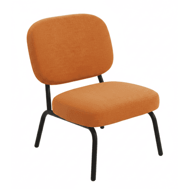 A modern accent chair with a rounded back and seat, upholstered in an orange textured fabric. The chair features slender, black metal legs that are angled outwards, providing a minimalist base. The design is clean and contemporary, lacking armrests. — 3D model (AI enhanced source)