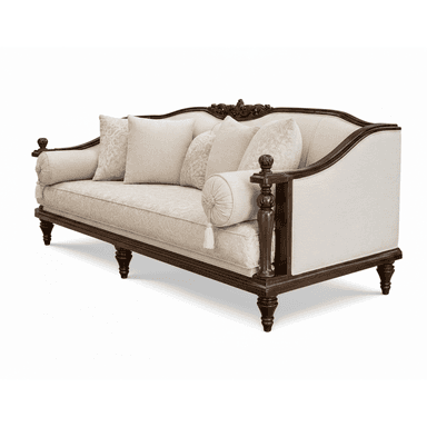 A traditional style sofa featuring a dark, elaborately carved exposed wooden frame and light-colored fabric upholstery. The sofa includes multiple decorative throw pillows and two cylindrical bolster pillows at each end. The back has a distinctive carved crest rail, and the legs are turned wood. — 3D model (AI enhanced source)