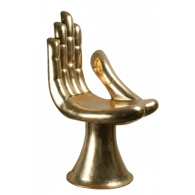 A striking gold-colored chair designed in the sculptural form of an open human hand, featuring fingers as a backrest and the palm as the seat, supported by a flared pedestal base. — 3D model (AI enhanced source)