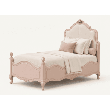 A blush pink French Rococo style twin bed featuring an ornate, upholstered headboard, a low footboard, and intricately carved details. — 3D model (AI enhanced source)