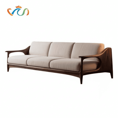 A contemporary three-seater sofa featuring a distinctive exposed wooden frame and light-colored upholstery. The design incorporates elegant curves in the armrests and base. — 3D model (AI enhanced source)