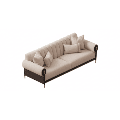 A contemporary three-seater sofa featuring a channel-tufted backrest and scrolled armrests. The sofa is upholstered in a light beige fabric and sits on a dark wood base with brass accents. — 3D model (AI enhanced source)