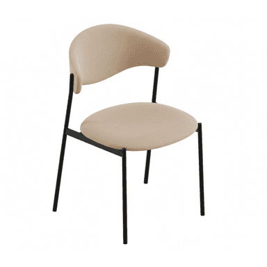 An armless modern side chair featuring a minimalist design. It has a round, cushioned seat and a gently curved backrest, both upholstered in a beige fabric. The frame consists of slender, black metal legs and supports. — 3D model (AI enhanced source)