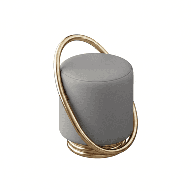 A contemporary cylindrical ottoman featuring soft grey upholstery and a distinctive, curvilinear gold-toned metallic frame that wraps around its body and base. — 3D model (AI enhanced source)
