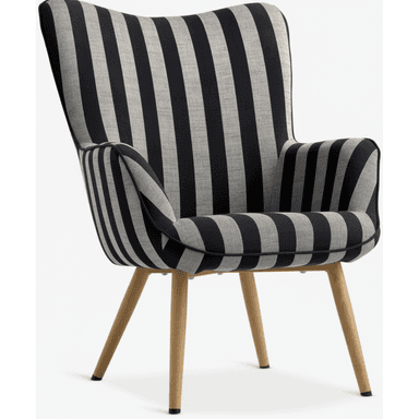 A contemporary upholstered lounge chair featuring a distinctive black and light gray striped fabric. The chair has a gently curved, high backrest and integrated armrests, all finished with piping along the seams. It is supported by four splayed, tapered wooden legs with dark protective caps. The overall design suggests comfort and a modern aesthetic. — 3D model (AI enhanced source)