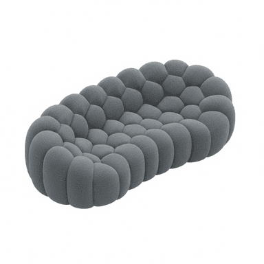 A contemporary grey upholstered sofa featuring a distinctive bubble-like design where the entire surface is comprised of individual, interconnected spherical fabric cushions. The sofa has a rounded, elongated form factor. — 3D model (AI enhanced source)