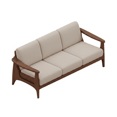 A three-seater sofa featuring an exposed dark wood frame with light beige fabric cushions for the seat and backrest. The frame exhibits a mid-century modern aesthetic with gently curved, angled armrests that integrate seamlessly with the legs. The backrest cushions are slightly angled, providing a reclined posture, while the seat cushions are flat. The wooden frame is visible from all sides, suggesting a sturdy and aesthetically pleasing construction. — 3D model (AI enhanced source)