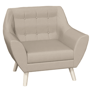 A contemporary armchair upholstered in light beige fabric, featuring a tufted backrest and splayed wooden legs. — 3D model (AI enhanced source)