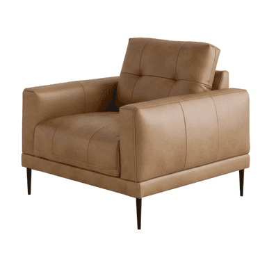 A contemporary armchair upholstered in tan leather, featuring a boxy silhouette, square track arms, a tufted back cushion, and supported by slender black tapered legs. — 3D model (AI enhanced source)