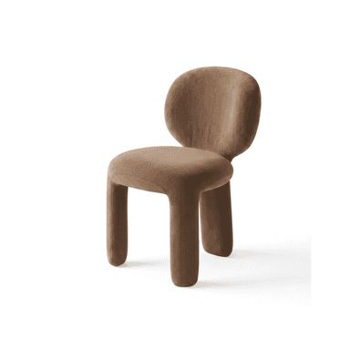 A contemporary lounge chair featuring a fully upholstered, rounded, and organic form. The chair has a cohesive, soft appearance with no exposed structural elements, and four thick, cylindrical legs integrated into the body, all covered in the same brown-taupe fabric. — 3D model (AI enhanced source)