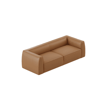 A minimalist, low-profile two-seater sofa upholstered in tan leather, featuring clean lines and integrated, slightly rounded armrests and backrest. — 3D model (AI enhanced source)