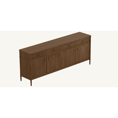A long, low wooden credenza featuring a dark brown finish with visible wood grain. The credenza is supported by four tapered legs and comprises multiple storage compartments. The upper section includes several drawers, each fitted with a circular brass ring pull. Below the drawers are multiple sets of double doors, each also adorned with brass ring pulls, indicating enclosed storage. The design exhibits clean lines and a functional aesthetic. — 3D model (AI enhanced source)
