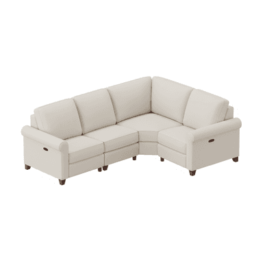 A contemporary L-shaped sectional sofa upholstered in light cream fabric, featuring rolled armrests and multiple seat and back cushions. It is composed of several modules, including an L-corner piece and end sections that have integrated reclining functionality, indicated by a black lever on the armrest. The sofa is supported by short, tapered dark wood legs. — 3D model (AI enhanced source)