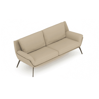 A modern two-seater sofa upholstered in a light beige fabric. It features clean lines, gently sloped arms that flow into the backrest, and two removable seat cushions. The backrest is composed of two loose cushions. The sofa is supported by four slender, tapered black metal legs, giving it a minimalist and elevated appearance. The design emphasizes comfort with a contemporary aesthetic. — 3D model (AI enhanced source)