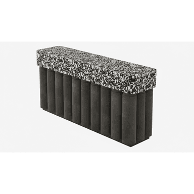 A long, rectangular bench featuring a speckled black and white terrazzo top and a base composed of numerous dark, vertically fluted cylindrical elements. — 3D model (AI enhanced source)