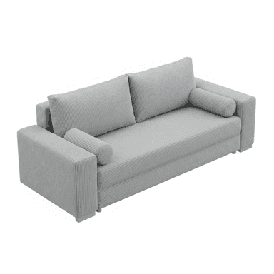 A modern two-seater sofa upholstered in a light grey ribbed fabric, featuring wide rectangular arms and back, accompanied by two back cushions and two cylindrical bolster pillows. — 3D model (AI enhanced source)