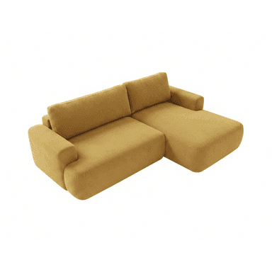 A contemporary modular sectional sofa featuring a chaise lounge component, upholstered in a distinct ribbed mustard yellow fabric. The design emphasizes comfort with thick, plush cushions and rounded edges throughout its form, including the armrests and base. — 3D model (AI enhanced source)