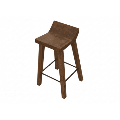 A rustic wooden stool with a contoured seat and four angled legs connected by a black metal support brace. — 3D model (AI enhanced source)