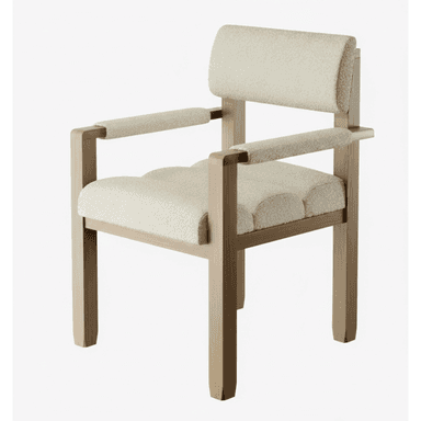 A contemporary armchair featuring a light-toned wooden frame with upholstered seat, backrest, and armrests in a cream-colored textured boucle fabric. — 3D model (AI enhanced source)