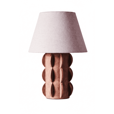 A contemporary table lamp featuring a sculptural, reddish-brown base with a repeating convex-concave 'bobble' pattern, topped by a light-colored, slightly textured conical fabric shade. — 3D model (AI enhanced source)