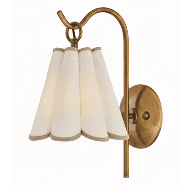 A wall-mounted light fixture featuring an antique brass finish and a distinctive pleated, fluted fabric shade. The shade is off-white or cream-colored, with a subtle trim along the bottom edge. The brass arm extends from a round backplate, curving elegantly to hold the shade. — 3D model (AI enhanced source)