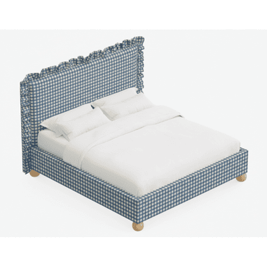 A bed featuring an upholstered headboard and frame in a blue and white gingham fabric. The headboard is designed with a distinctive ruffled trim along its top and side edges. The bed frame is supported by four spherical light-toned wooden feet. White bedding, including pillows and a duvet, is present on the bed. — 3D model (AI enhanced source)