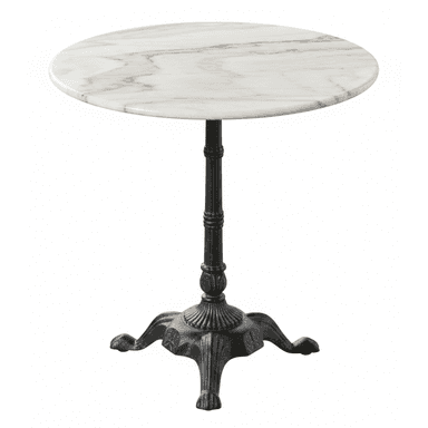 A round table featuring a polished white marble top with natural grey veining, supported by a dark, ornate cast iron pedestal base with decorative detailing and four splayed, paw-like feet. — 3D model (AI enhanced source)