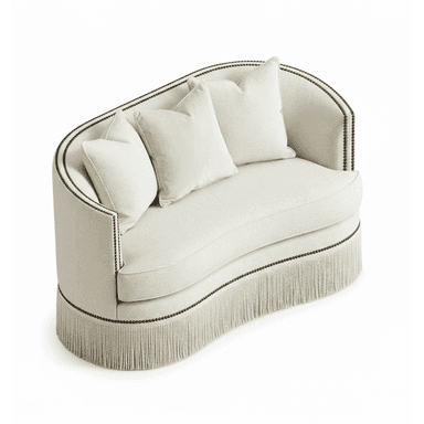 An elegant curved loveseat featuring textured off-white upholstery, detailed with black nailhead trim along its top edge and arms. The base is adorned with a decorative fringe skirt. It includes two matching throw pillows. — 3D model (AI enhanced source)
