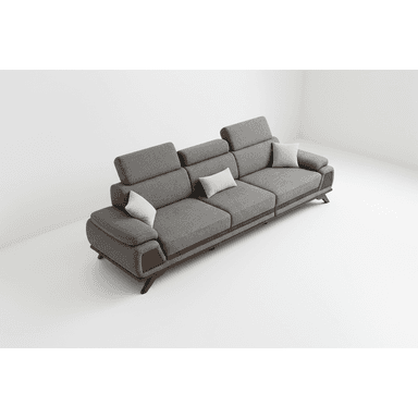 A long, multi-section sofa featuring gray fabric upholstery, adjustable headrests, and integrated dark wood accents on the armrests and base, supported by low-profile wooden legs. It includes several small white accent pillows. — 3D model (AI enhanced source)