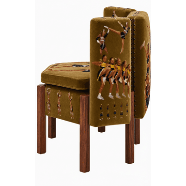 An armless chair featuring olive green velvet upholstery with intricate embroidered human figures. The chair has two distinct rounded backrest panels with nailhead trim and is supported by four straight, dark wood legs. — 3D model (AI enhanced source)