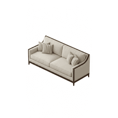 A long, rectangular sofa featuring a prominent exposed dark wood frame outlining the back and sloped arms, upholstered in a light beige fabric. It includes two seat cushions, multiple back cushions, and several decorative throw pillows, some with a subtle striped pattern. The sofa rests on short, tapered wooden legs. — 3D model (AI enhanced source)