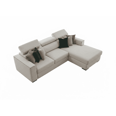 An L-shaped sectional sofa upholstered in a light beige fabric, featuring an integrated chaise lounge on the right side. The sofa is composed of modular sections with clean lines and subtly piped seams. It includes multiple adjustable headrests that can be folded down when not in use. Several accent pillows in varying shades of green and brown are placed on the sofa, adding a touch of color. The base of the sofa is low-profile with dark, discreet feet. — 3D model (AI enhanced source)