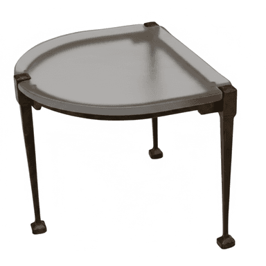 A modern end table with a frosted glass top and a metal frame. The top is semi-circular with a straight edge, designed to fit into a corner or against a wall. The frame appears to be made of dark metal with a textured finish, supporting the glass top with decorative corner brackets. The legs are slender and tapered, terminating in square feet. — 3D model (AI enhanced source)