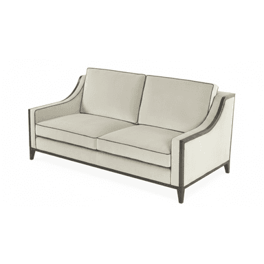 A transitional two-seater sofa featuring an exposed dark wood frame that defines its silhouette. The sofa is upholstered in a light, neutral fabric, likely linen or a blend, with dark contrast piping along the edges of the seat and back cushions, as well as the sofa's body. It has two loose seat cushions and two loose back cushions. The arms are gently curved, forming a sleek, architectural line that integrates with the backrest. Tapered legs are part of the exposed frame structure. — 3D model (AI enhanced source)
