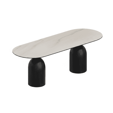 A contemporary coffee table featuring a elongated oval tabletop with a white marble-look surface, supported by two robust, rounded, black drum-shaped bases. The design is minimalist and sculptural. — 3D model (AI enhanced source)