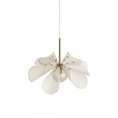 A contemporary pendant light featuring a shade composed of multiple off-white, petal-shaped fabric elements. These elements are arranged radially around a central brass stem, connected by small brass studs, creating an organic, floral silhouette. A single exposed light bulb is positioned at the center, underneath the fabric petals. The fixture hangs from a single white electrical cord connected to the brass stem. — 3D model (AI enhanced source)